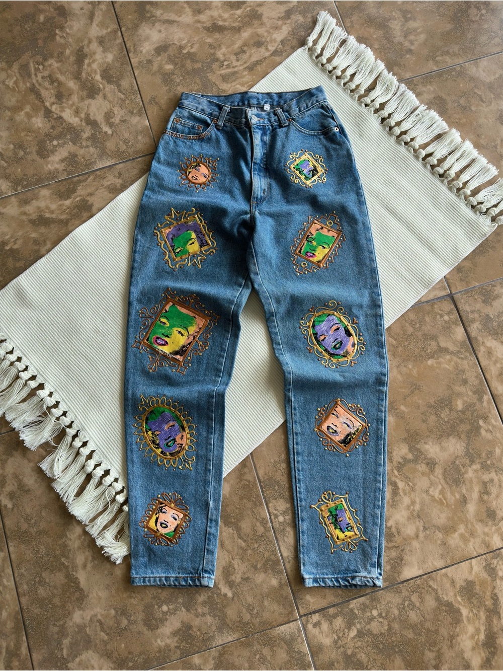 Leslie Hamel Marilyn Monroe Hand Painted Pop Art Vintage 90s Custom Blue Jeans